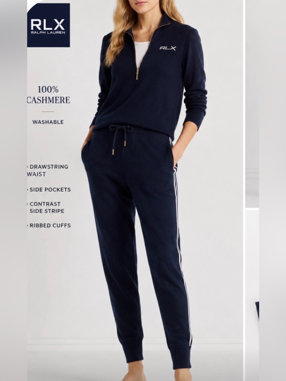 NWT RLX Ralph Lauren women’s Navy 100% Cashmere Joggers pants M